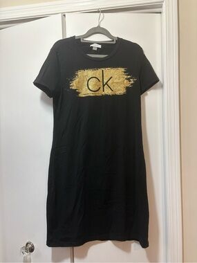 Calvin Klein Medium Black T-Shirt Dress with Gold CK Brush Logo